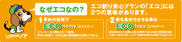 なぜエコなの？エコ割り安心プランの「エコ」には2つの意味があります。1 早めの対策でエコノミー 2 家を長持ちさせる事はエコロジー