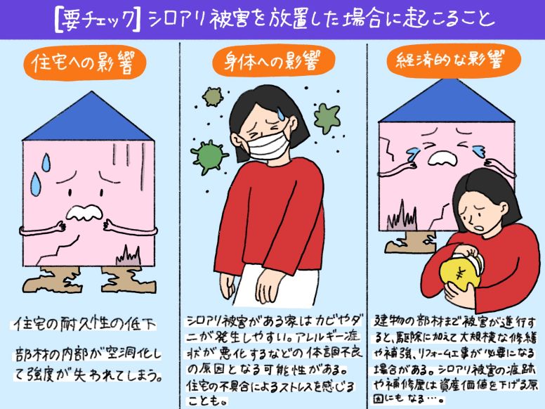 シロアリ被害を放置した場合に起こる住宅、身体、経済的な影響