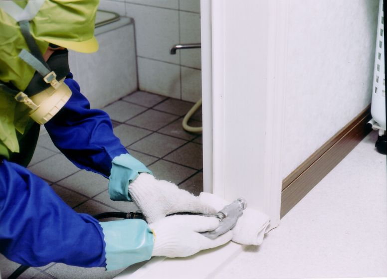 専門業者による浴室のシロアリ駆除の様子