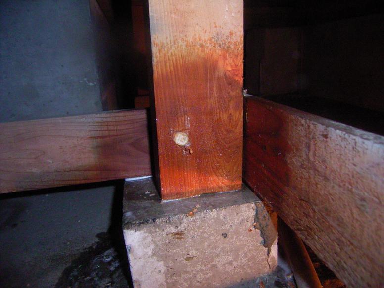 シロアリ駆除の木部処理の作業過程④穿孔注入処理後、薬剤を木材の表面にも吹き付ける