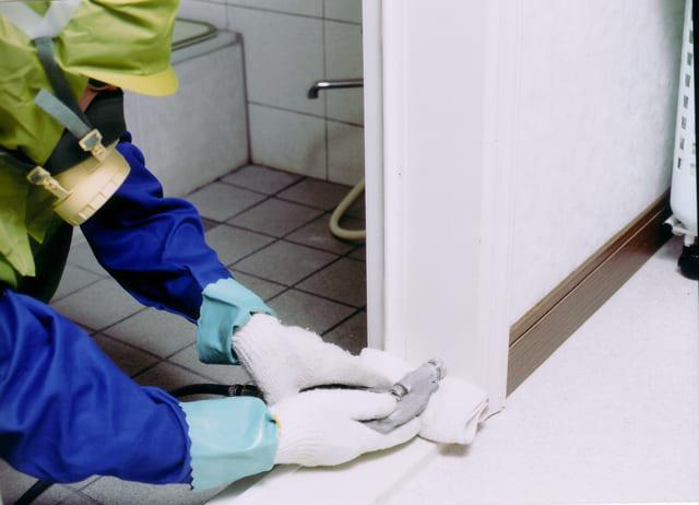 シロアリ駆除のため専門業者が木製のドア枠などに薬剤処理をする様子