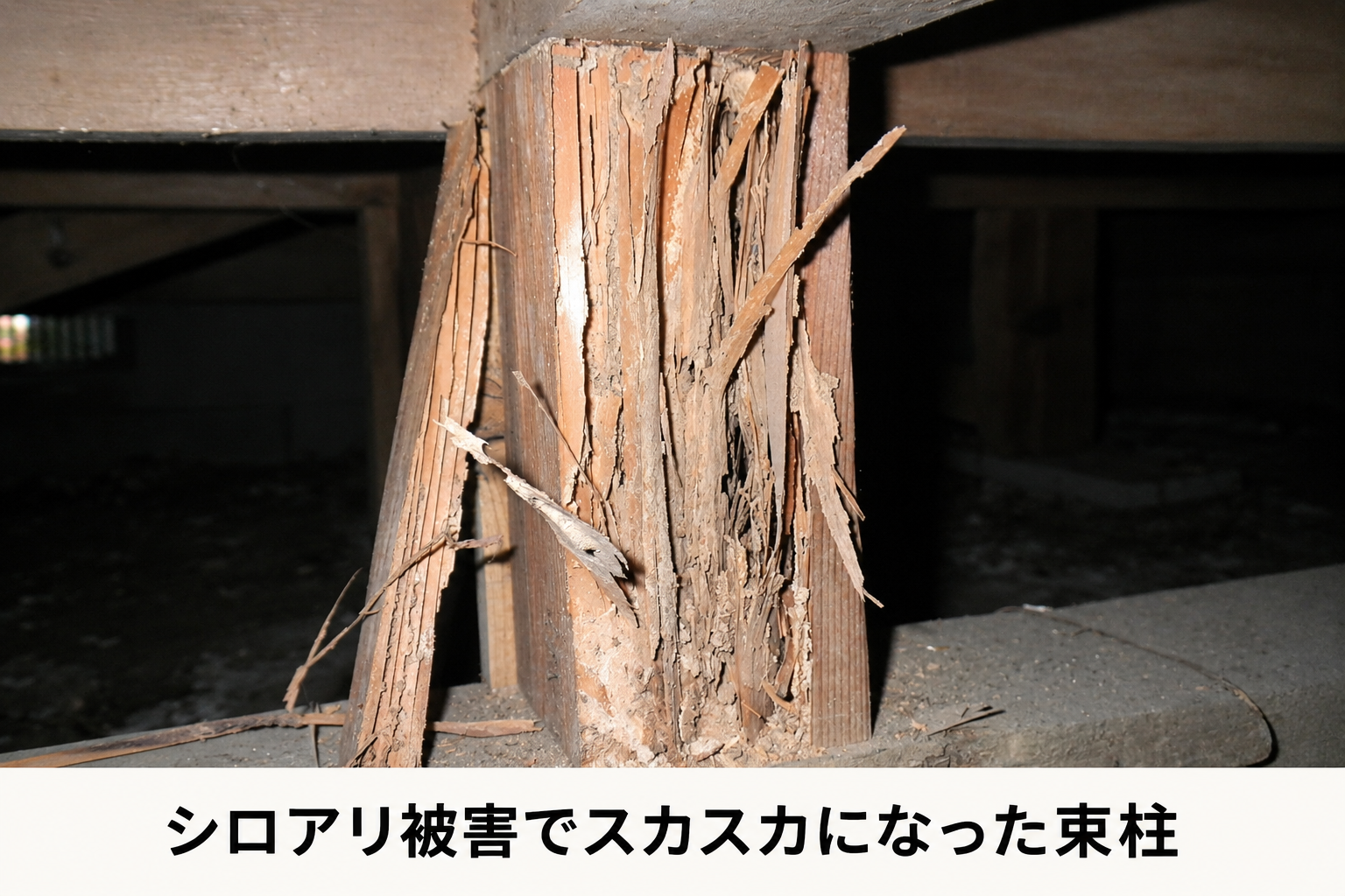 シロアリの被害でスカスカになった束柱