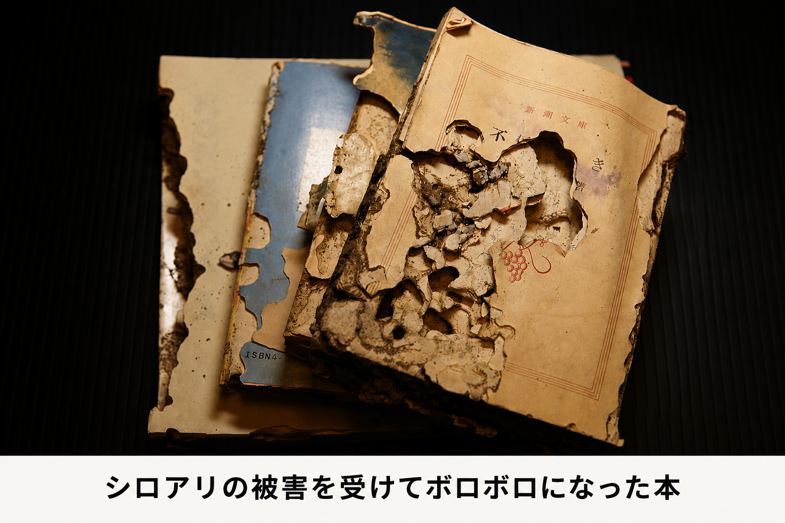 シロアリの食害を受けてボロボロになった本